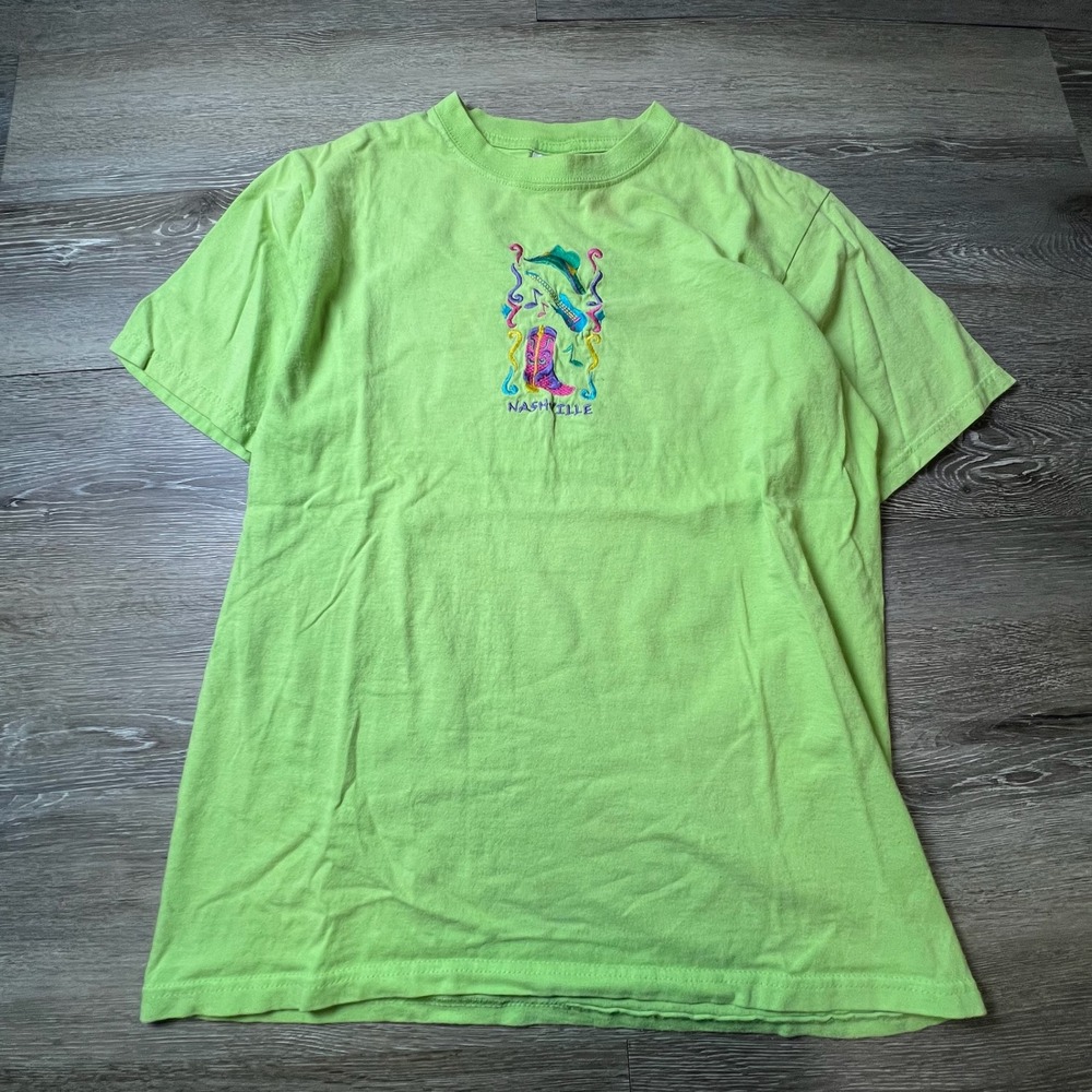 Anvil Nashville T-Shirt Unisex Medium Green Vintage Embroidery Country Music Tee